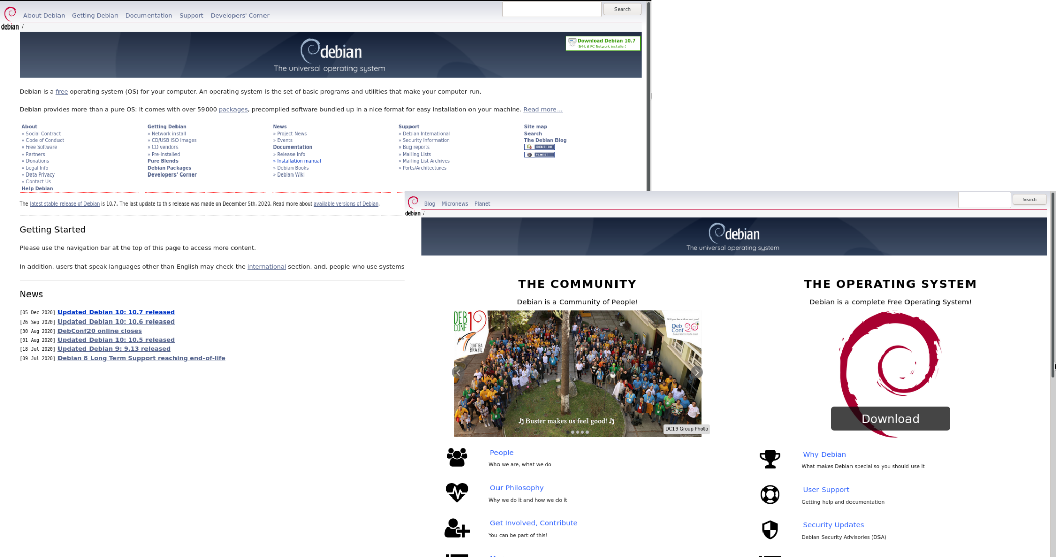 Site web de Debian : une partie de l'ancienne page d'accueil (en arrière-plan) et la nouvelle (en premier-plan)
