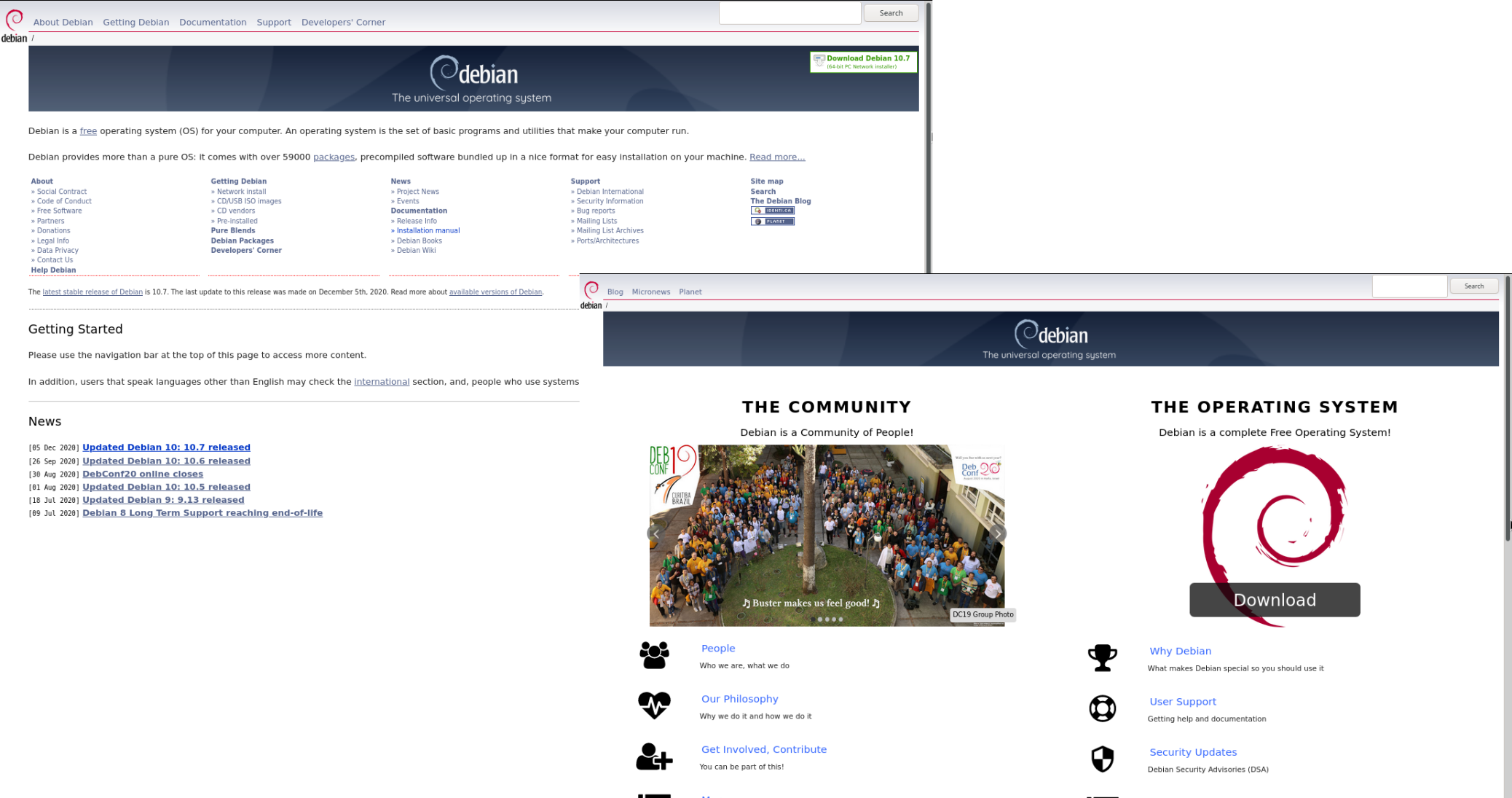 Site web do Debian: parte da antiga página principal (atrás) e a nova página (frente)
