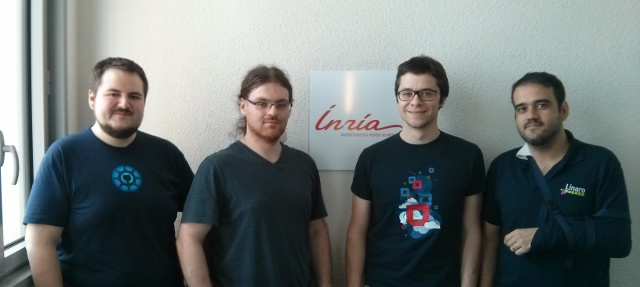 Group photo of sprint participants. Left to right: Christian Hofstaedtler, Tomasz Nitecki, Sebastien Badia and Antonio Terceiro